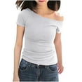 thumbnail image 1 of JSheng Summer Casual Tops for Women Fashion Women's Slim Solid Color Short-Sleeved Off-Shoulder Tops White L, 1 of 5