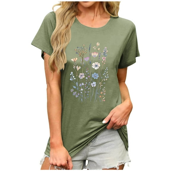 JSheng Summer Casual Tops for Women Loose Fashion Print Short Sleeve Round-Neck Tops for Women Comfortable Army Green L