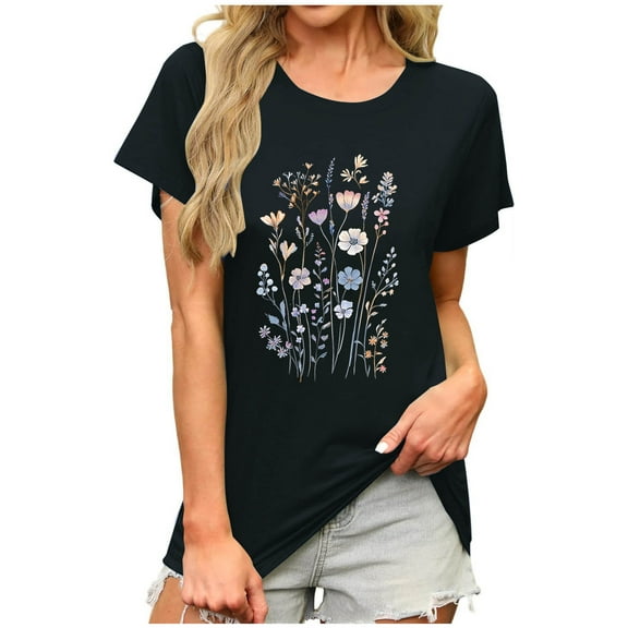 JSheng Summer Casual Tops for Women Loose Fashion Print Short Sleeve Round-Neck Tops for Women Comfortable Black S