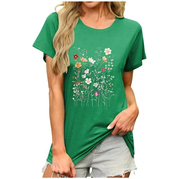 JSheng Summer Casual Tops for Women Loose Fashion Print Short Sleeve Round-Neck Tops for Women Comfortable Green S