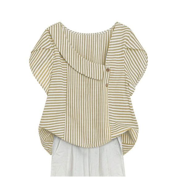 JSheng Summer Casual Tops for Women Trendy Striped Plus Size Linen Button Petal Sleeve Short Sleeved Shirt Top Orange S