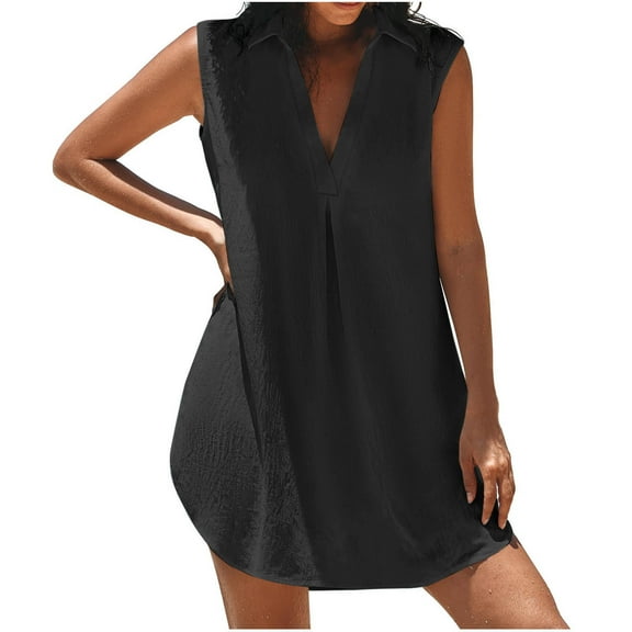 JSheng Summer Dress for Women 2025 Plus Size Fashion Women's Casual Comfortable Solid Sleeveless V-Neck Dress Black XXL