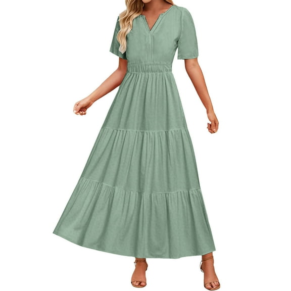 JSheng Summer Dress for Women Women's Fashion Solid Color Short Sleeve V-Neck Pleated Elastic Waist Maxi Dresses Green S