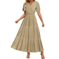 thumbnail image 1 of JSheng Summer Dress for Women Women's Fashion Solid Color Short Sleeve V-Neck Pleated Elastic Waist Maxi Dresses Khaki M, 1 of 5
