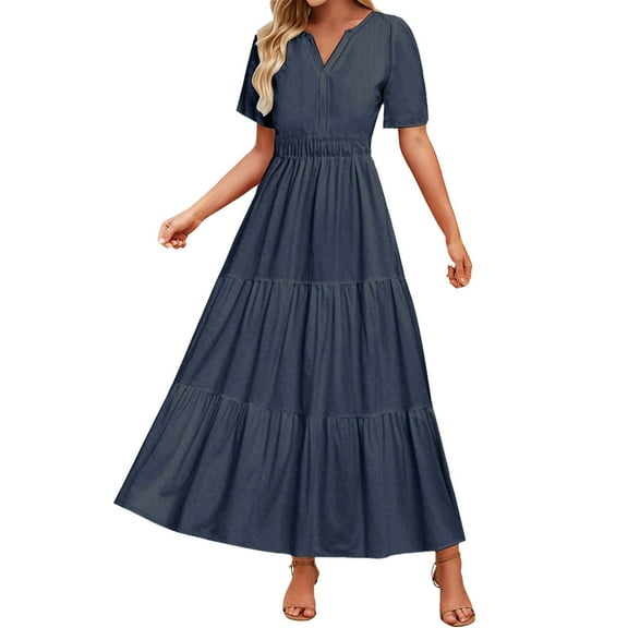 JSheng Summer Dress for Women Women's Fashion Solid Color Short Sleeve V-Neck Pleated Elastic Waist Maxi Dresses Navy M