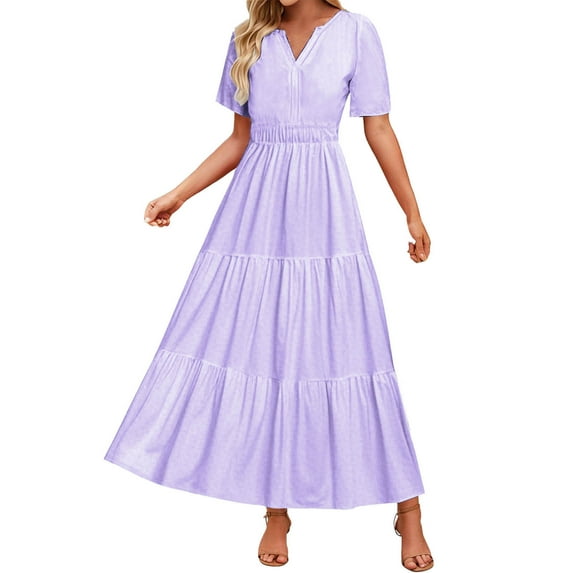 JSheng Summer Dress for Women Women's Fashion Solid Color Short Sleeve V-Neck Pleated Elastic Waist Maxi Dresses Purple S