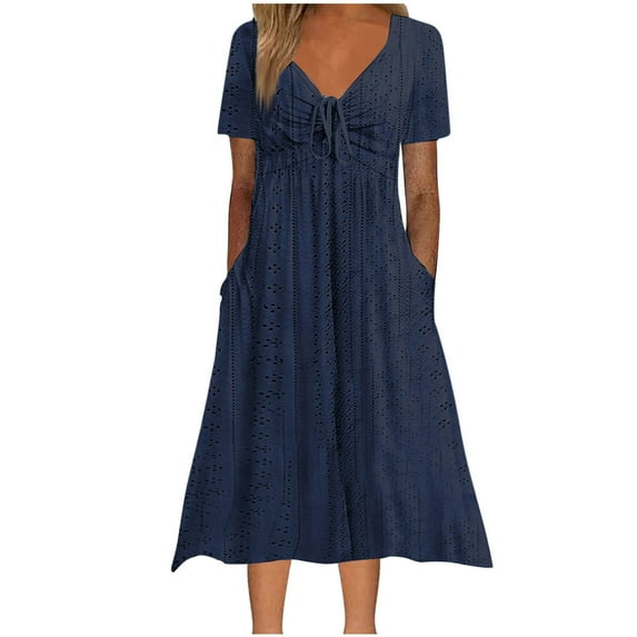JSheng Summer Dresses For Women Clearance Casual And Fashionable Solid Color Short Sleeved V-neck Tie Waist Pocket Dress Navy XL