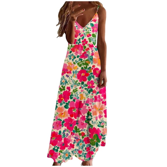 JSheng Summer Dresses For Women Fashion Print Sleeveless V-Neck Suspend Casual Dresses Comfortable & Elegant Hot Pink XXXL