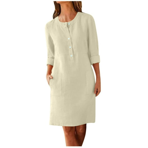 JSheng Summer Dresses for Women 2025 Cotton Linen Button Down Knee Length Long Sleeve Solid Color Shirt Dress Beige XL