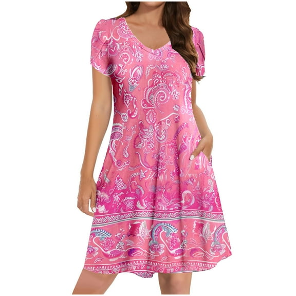JSheng Summer Dresses for Women Casual Fashion Printing Pocket Short Sleeve Round Neck Beach Short Dress Pink M