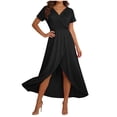 thumbnail image 1 of JSheng Summer Dresses for Women Trendy Solid Color Elegant V-Neck Short-Sleeve Maxi Dress With High Slit Black XL, 1 of 5