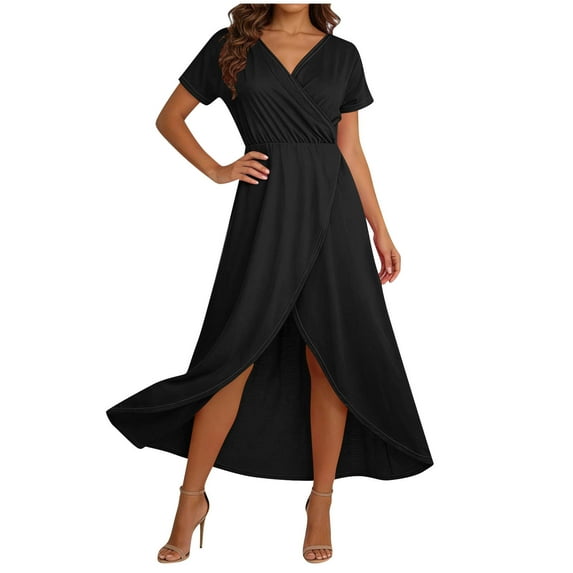 JSheng Summer Dresses for Women Trendy Solid Color Elegant V-Neck Short-Sleeve Maxi Dress With High Slit Black XL