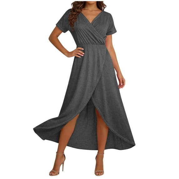 JSheng Summer Dresses for Women Trendy Solid Color Elegant V-Neck Short-Sleeve Maxi Dress With High Slit Dark Gray M