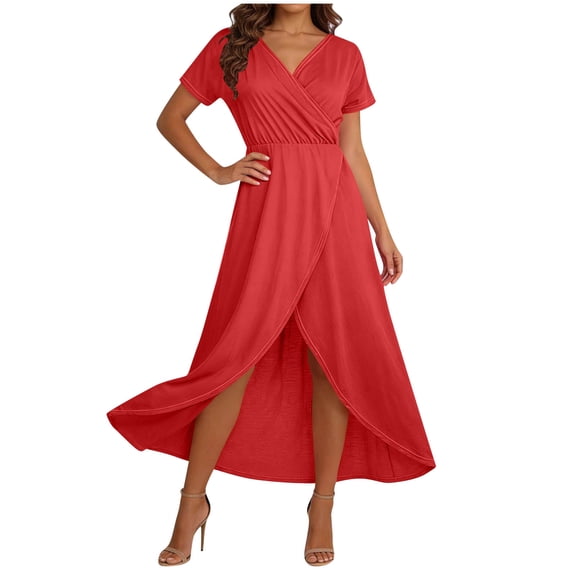 JSheng Summer Dresses for Women Trendy Solid Color Elegant V-Neck Short-Sleeve Maxi Dress With High Slit Red XXL