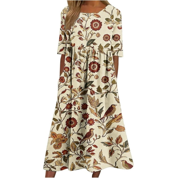 JSheng Summer Dresses for Women Women's Fashion Casual Short Sleeve Round-Neck Loose Printed Pocket Long Dress Beige XL