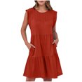 thumbnail image 1 of JSheng Summer Fashion Womens Dresses Solid Sleeveless Roumd Neck Pleated Loose Comfy Mini Dress with Pockets Red S, 1 of 5