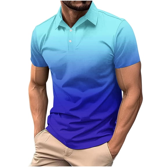 JSheng Summer Men's Turn Down T-Shirt Casual Gradient Color Short Sleeve Lapel Buttons Tops for Daily Wear Blue XXXXL