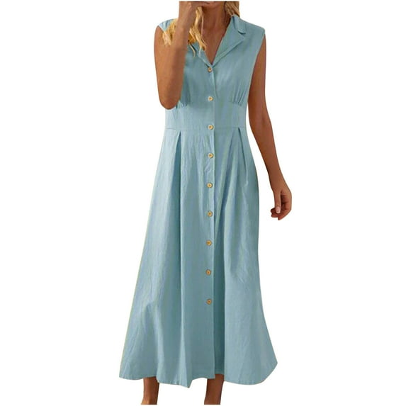JSheng Summer Plus Size Dresses for Women New Trendy Cotton And Linen Solid Color Casual Turndown Collar Sleeveless Button Dress Blue S
