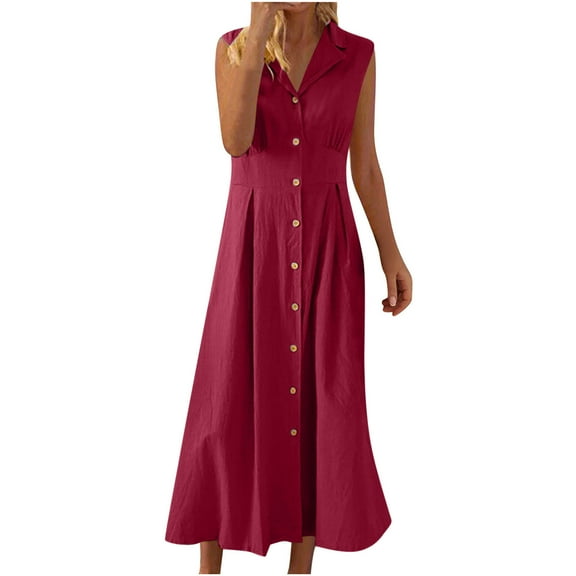 JSheng Summer Plus Size Dresses for Women New Trendy Cotton And Linen Solid Color Casual Turndown Collar Sleeveless Button Dress Wine L