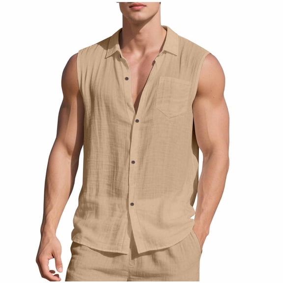 JSheng Summer Sleeveless Shirts for Men Casual Solid Color Linen Loose Button Lapel Tops with Pocket Khaki L