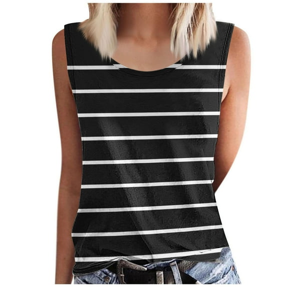 JSheng Summer Striped Tank Tops for Women Fashion Summer Striped Round-Neck Sleeveless Tank Top Black XL