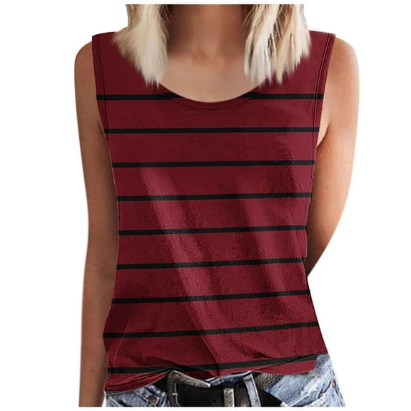 JSheng Summer Striped Tank Tops for Women Fashion Summer Striped Round-Neck Sleeveless Tank Top Red L