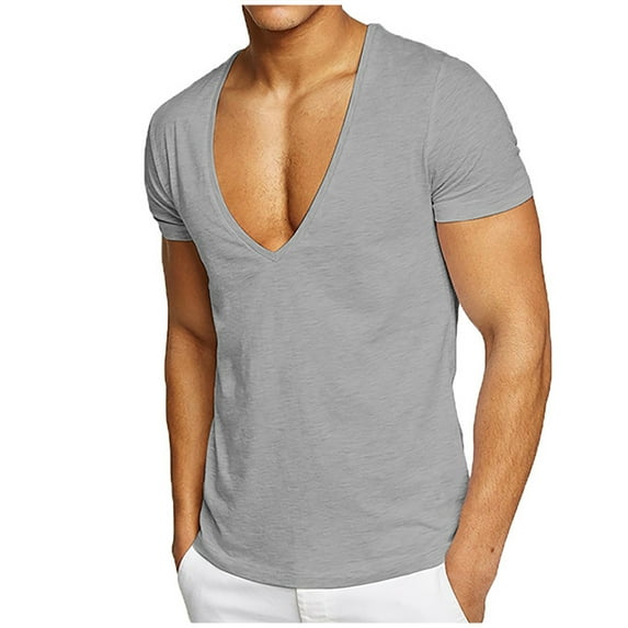 JSheng Summer T-shirt for Men Fashion Man's Fitness Sports Sweatwicking Solid Deep V-Neck Tee Gray XXXL