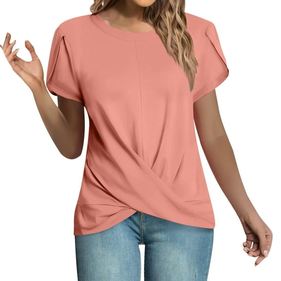 JSheng Summer Tops for Women 2025 Women's Casual Solid Color Round Neck Hem Cross Short Sleeved Top Pink M