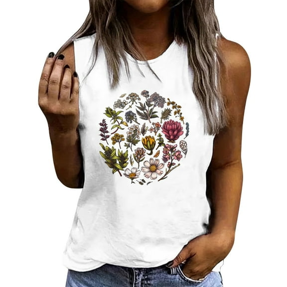 JSheng Summer Tops for Women Cotton Classic Sleeveless Crewneck Printed Casual T-Shirt Tops White M