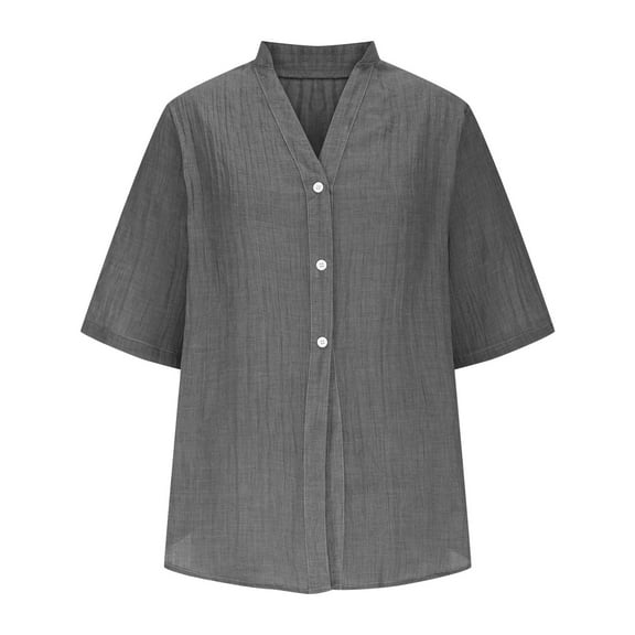 JSheng Summer Tops for Women Cotton Women's Solid Color Mid Sleeve Button V-neck Bloues Breathable & Fashion Gray S