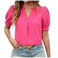 thumbnail image 1 of JSheng Summer Tops for Women Fashion Women casual Solid Color V-neck Pullover Short Puff Sleeve T-shirt Top Hot Pink S, 1 of 5