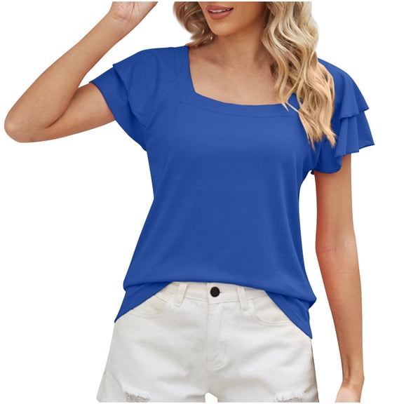 JSheng Summer Tops for Women New 2025 Fashion Solid Color Square Neck Loose Short Sleeve Duble Lace Sleeve Top Blue S