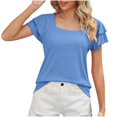 thumbnail image 1 of JSheng Summer Tops for Women New 2025 Fashion Solid Color Square Neck Loose Short Sleeve Duble Lace Sleeve Top Sky Blue L, 1 of 4