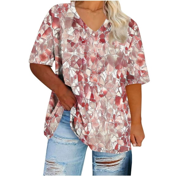 JSheng Summer Tops for Women Plus Size Women's Floral Printing Short-Sleeve V-Neck Loose Casual T-Shirt ZA-Red XXXL