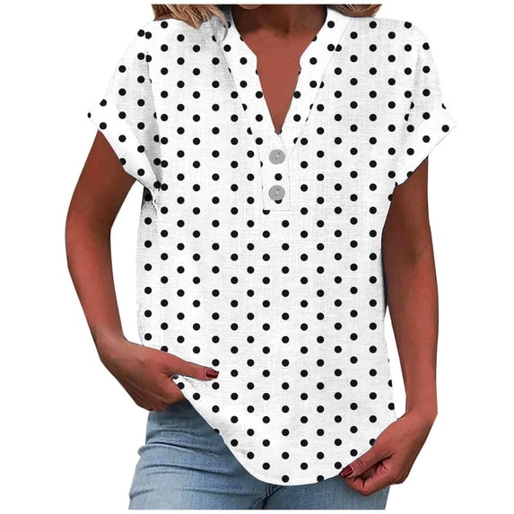 JSheng Summer Tops for Women V-neck Ladies Casual Polka-dot Printed Short Sleeve Imitation Cotton and Linen Buttons Shirt White XL