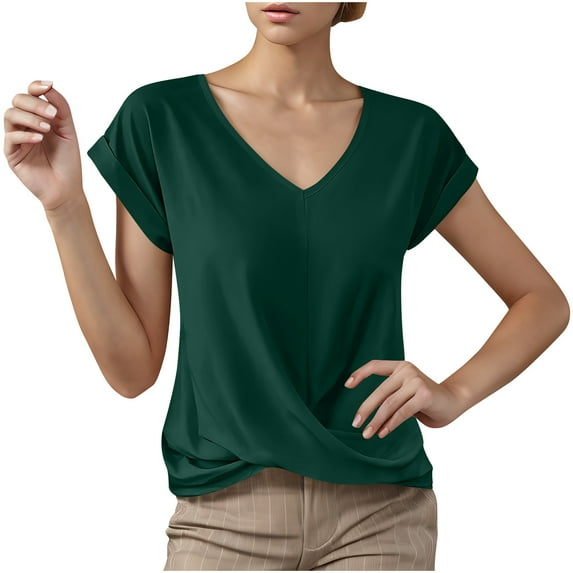 JSheng Summer Tops for Women V-neck Ladies Casual Solid Color Short Sleeve Comfortable T-Shirt Green XL