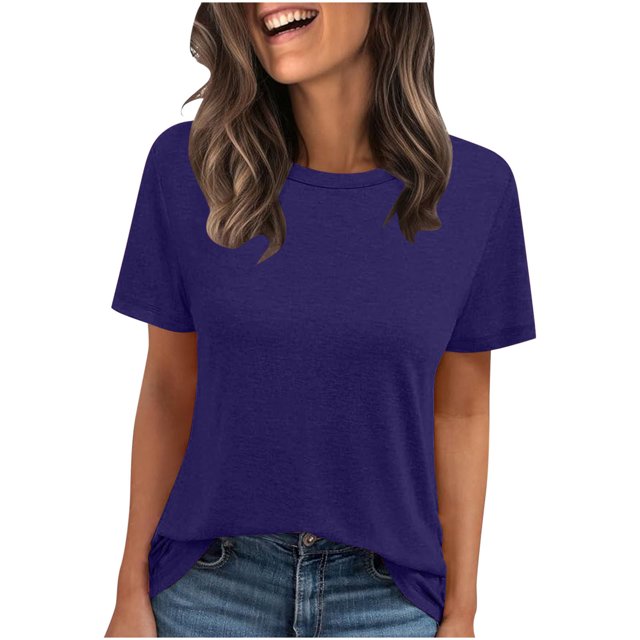 JSheng Summer Tops for Women Women Loose Short Sleeve Solid Color Round Neck Comfortable Casual T-shirt Top Blue XL