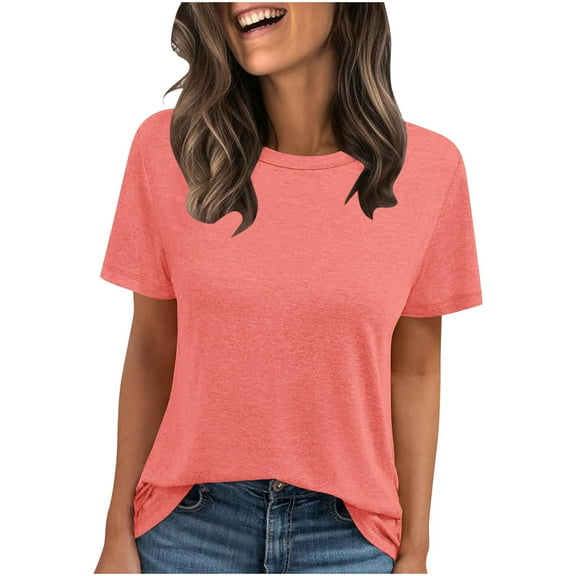 JSheng Summer Tops for Women Women Loose Short Sleeve Solid Color Round Neck Comfortable Casual T-shirt Top Hot Pink S
