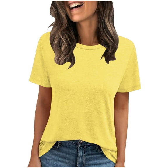 JSheng Summer Tops for Women Women Loose Short Sleeve Solid Color Round Neck Comfortable Casual T-shirt Top Yellow S
