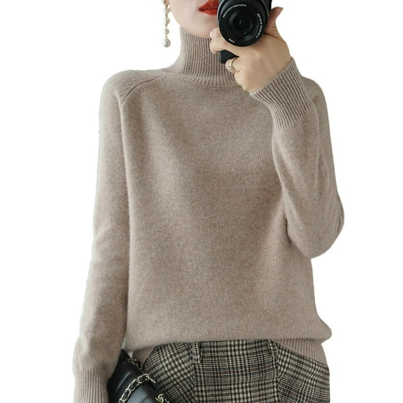 JSheng Sweater for Women Fashion Women's Heigh Neck Long Sleeve Loose Solid Color Blouse Turtleneck Sweater Tops Khaki L