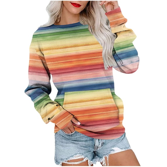 JSheng Sweatshirt Top for Women Fashion Color Striped Round Neck Long Sleeves Casual Pockets Pullover Tops