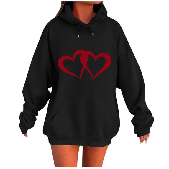 JSheng Sweatshirts for Women Women's Fashion Heart Printing Long Sleeve Loose Hooded Casual Tops Black M