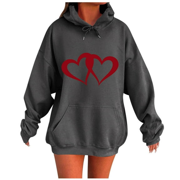 JSheng Sweatshirts for Women Women's Fashion Heart Printing Long Sleeve Loose Hooded Casual Tops Dark Gray M