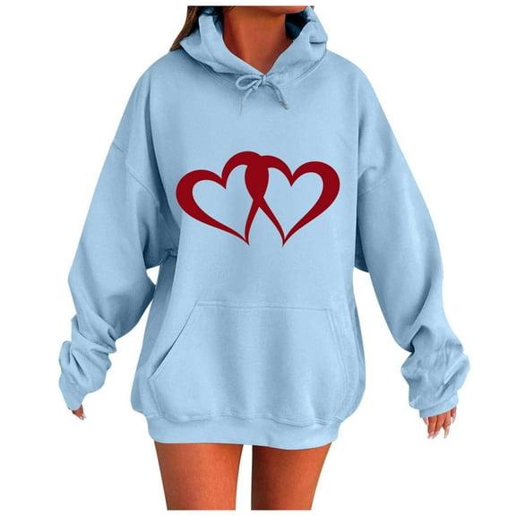 JSheng Sweatshirts for Women Women's Fashion Heart Printing Long Sleeve Loose Hooded Casual Tops Light Blue M