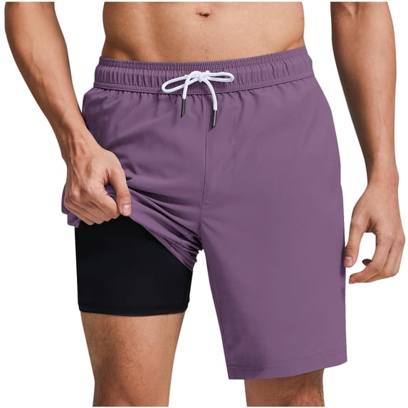 JSheng Swim Trunks for Men 5 Inch Trendy Solid Color Swim Shorts With Compression Iiner Quick Dry Elastic Waist Beach Shorts for Man Z-Purple S