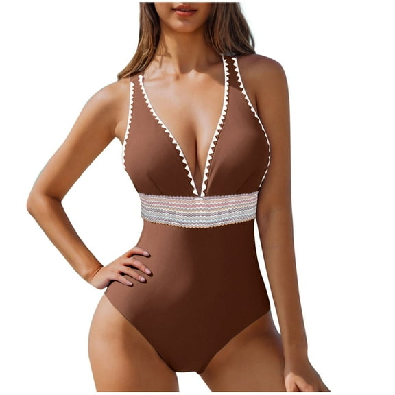 JSheng Swimming Suits for Women One Piece Women Summer Fashion Solid Color Bikini Swimsuit With Chest Cushion Brown XXL