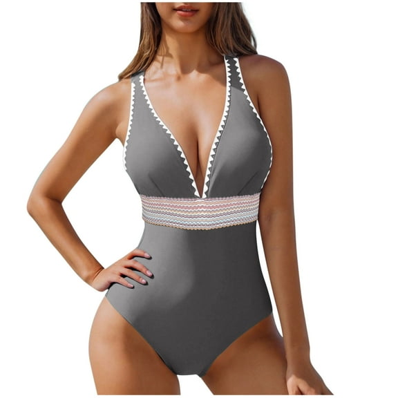 JSheng Swimming Suits for Women One Piece Women Summer Fashion Solid Color Bikini Swimsuit With Chest Cushion Gray XXL