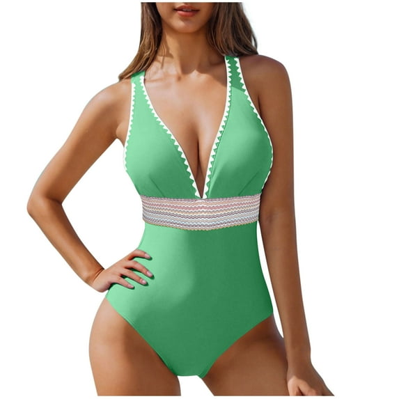 JSheng Swimming Suits for Women One Piece Women Summer Fashion Solid Color Bikini Swimsuit With Chest Cushion Green S