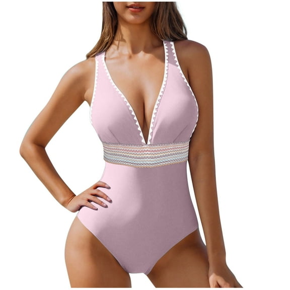 JSheng Swimming Suits for Women One Piece Women Summer Fashion Solid Color Bikini Swimsuit With Chest Cushion Pink XL