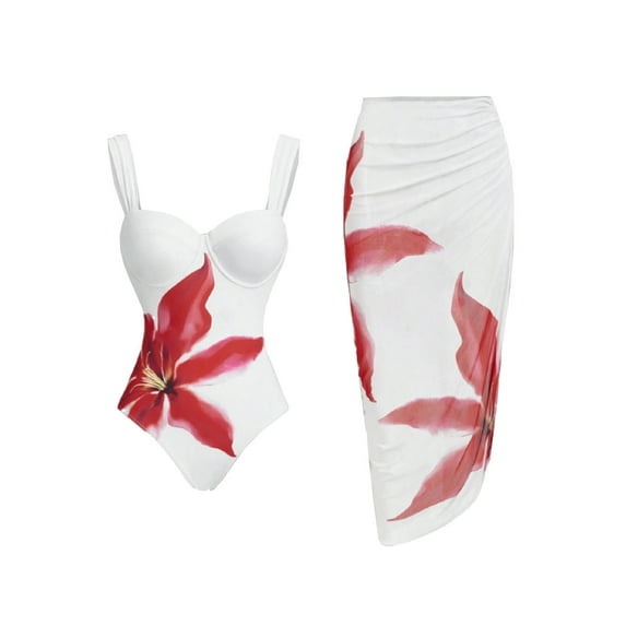 JSheng Swimsuit and Cover Up Set for Women Women's Fashion Two-piece Flower Print Tight Sexy Sports Swimsuit Red S